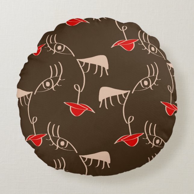 One-line woman face: abstract pattern. round pillow (Front)