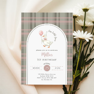 One Little Goose Pink Bow Gingham 1st Birthday Invitation