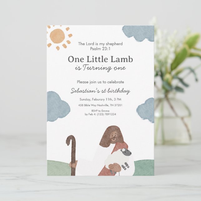 One Little Lamb Psalm 23 Birthday Invitation (Standing Front)