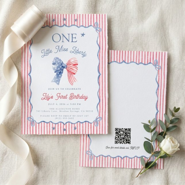 One Little Miss Liberty QR Code 1st Birthday Invitation (Creator Uploaded)