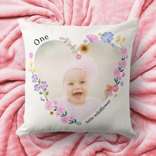 One Little Wildflower Girl's First Birthday Floral Throw Pillow