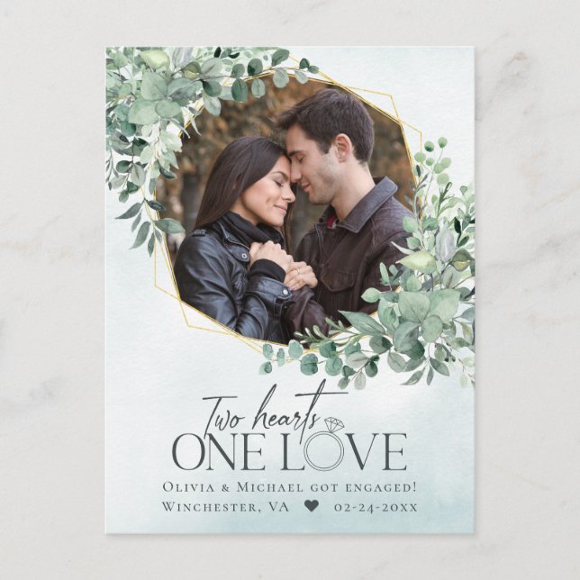 One Love Eucalyptus Photo Engagement Postcard (Front)