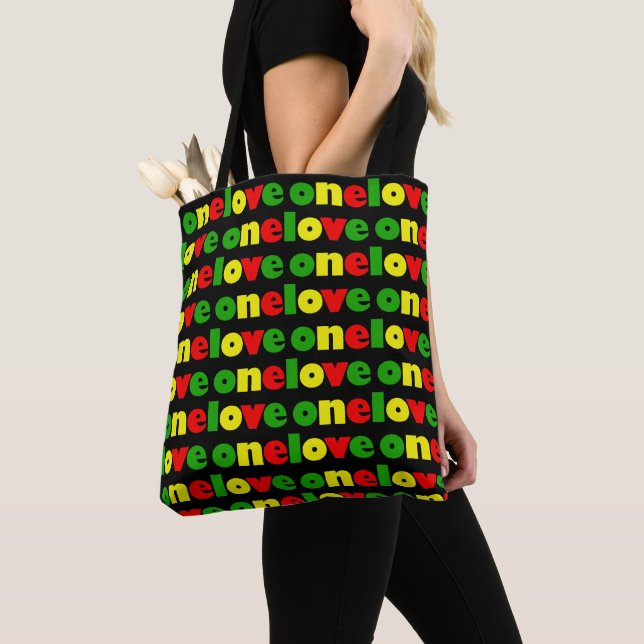 One Love Rasta Colours Colourful Typography Patter Tote Bag (Close Up)