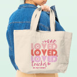 One Love Teacher Pink Modern Personalized Name Large Tote Bag<br><div class="desc">One Love Teacher Pink Modern Personalized Name features the text "one loved teacher" in modern pink script typography accented with love hearts and personalized with your custom name. Perfect for your favourite teacher for teacher appreciation,  birthday,  Christmas,  holidays and more. Designed by Evco Studio www.zazzle.com/store/evcostudio</div>