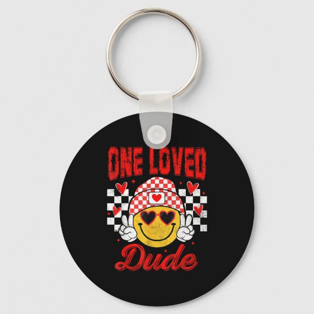 One Loved Dude Checkered Heart Valentines Day Boys Keychain (Front)