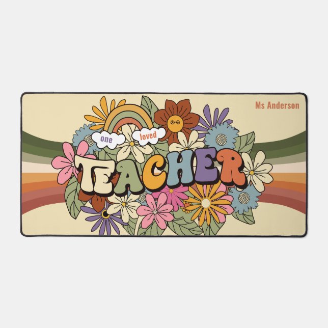One Loved Teacher Retro Groovy Floral Personalized Desk Mat (Front)