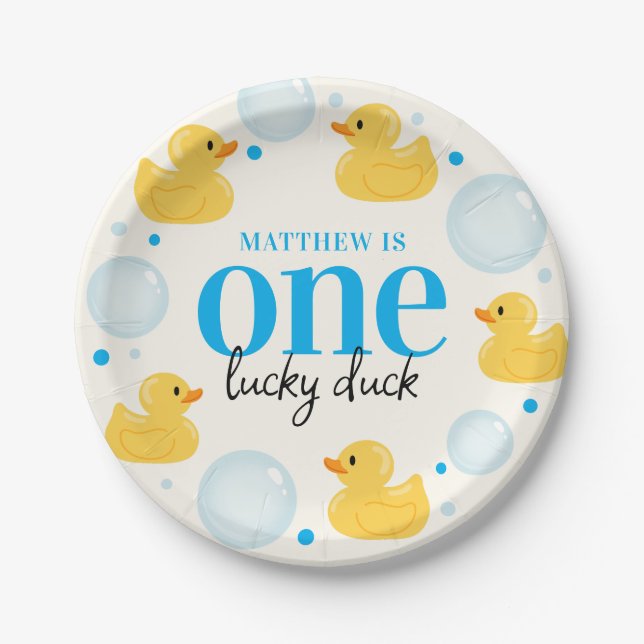 One Lucky Duck 1st Birthday Blue  Paper Plates (Front)