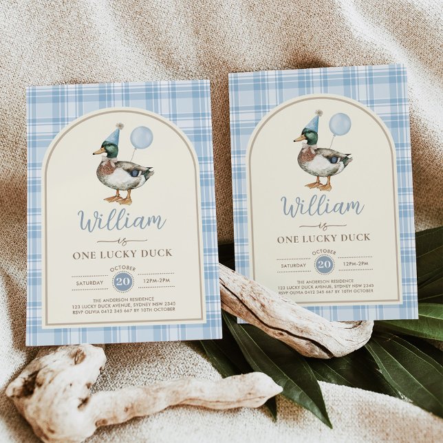 One Lucky Duck Blue Balloon Boy 1st Birthday Invitation (Creator Uploaded)