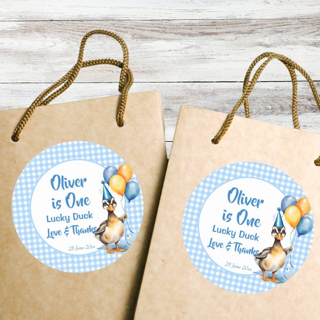 One lucky duck blue gingham birthday favour classic round sticker (One lucky duck blue gingham birthday party thank you favor sticker cute mallard duck favors)