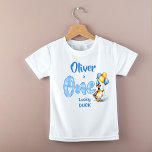 One lucky duck blue gingham birthday printed baby T-Shirt<br><div class="desc">One lucky duck blue gingham 1st birthday party printed birthday photoshoot t-shirt template ,  cute mallard  duck with a party hat and balloons   with soft pastel blue gingham border for boys 1st birthday party personalized t-shirt photo props</div>