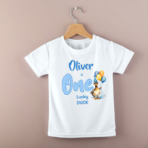 One lucky duck blue gingham birthday printed baby T-Shirt