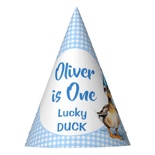 One lucky duck blue gingham birthday printed  party hat (Front)