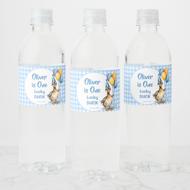 One lucky duck blue gingham birthday printed water bottle label (Bottles)