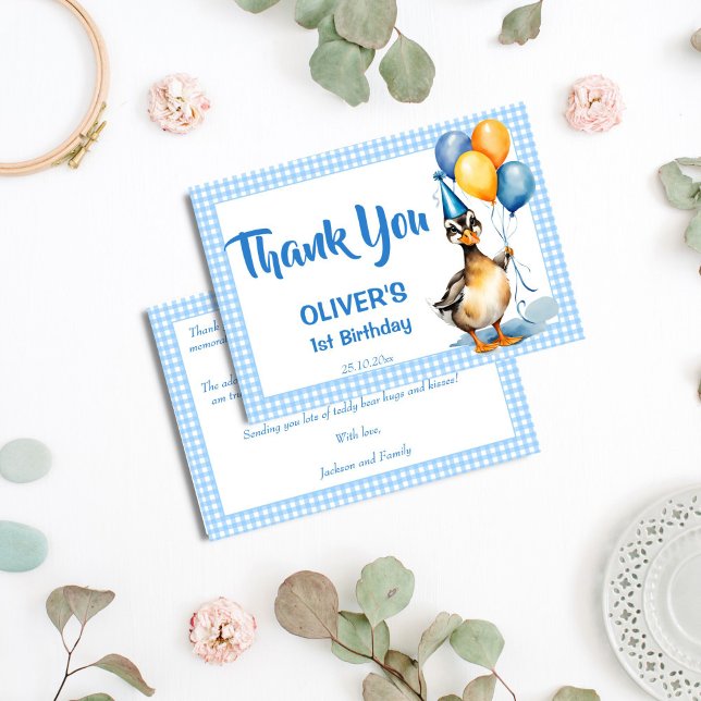 One lucky duck blue gingham birthday thank you (One lucky duck blue gingham birthday party thank you cards cute mallard duck boys 1st birthday)