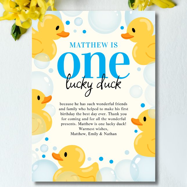 One Lucky Duck Boy First Birthday Thank You Card (Creator Uploaded)