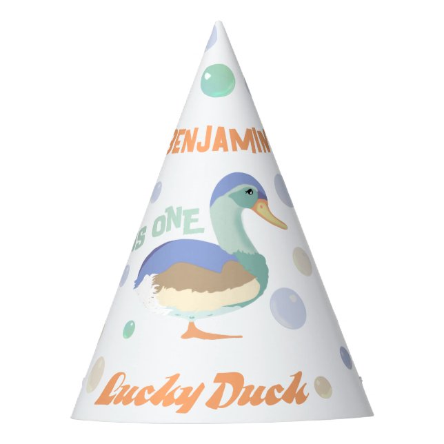One Lucky Duck &  Bubbles First Birthday Pastel  Party Hat (Front)