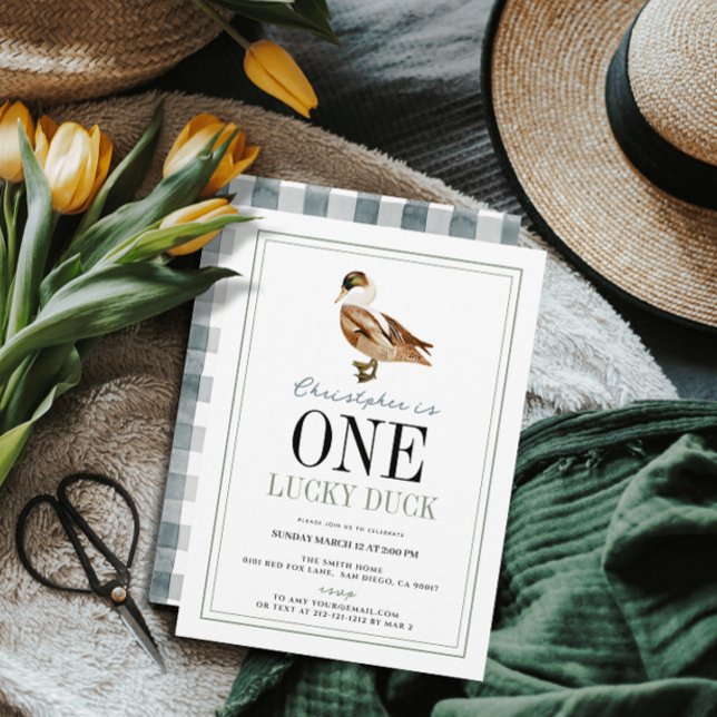 One Lucky Duck Classic Boy 1st Birthday Invitation (One Lucky Duck 1st Birthday Invitation)
