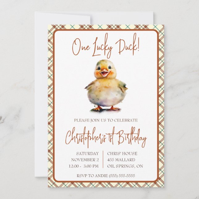 One Lucky Duck, First Birthday Kids' Birthday Invitation (Front)