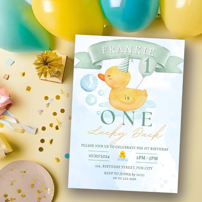 One Lucky Duck Gender Neutral Rubber 1st Birthday Invitation (One Lucky Duck Gender Neutral Rubber Duck 1st Birthday Invitation)