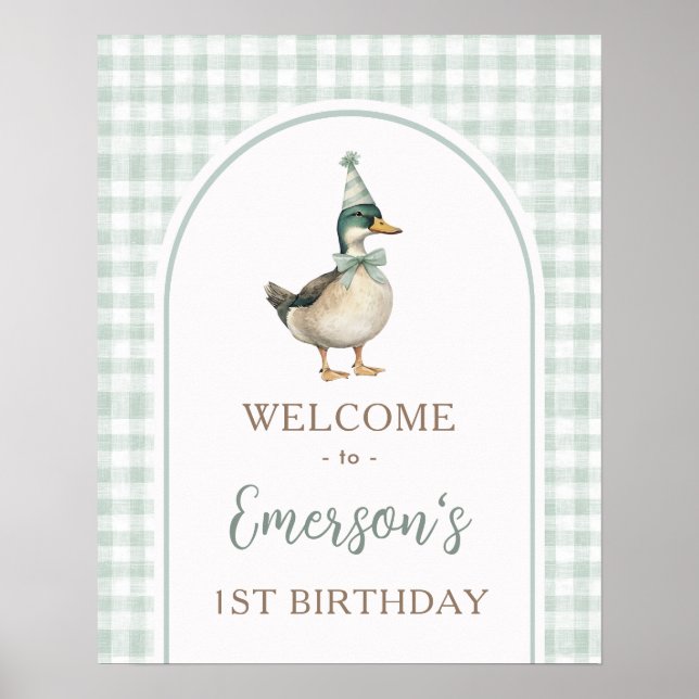 One Lucky Duck Green Gingham 1st Birthday Welcome Poster (Front)