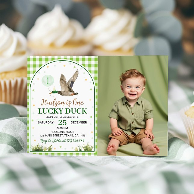 One Lucky Duck Green Gingham Birthday Photo Invitation (Creator Uploaded)