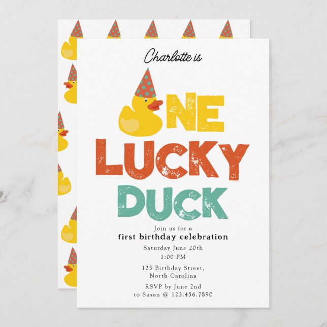 One Lucky Duck Invite 1st  First Birthday Cute (Front/Back)