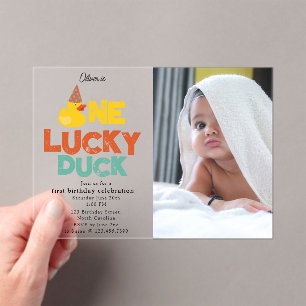 One Lucky Duck Invite 1st  First Birthday Photo Acrylic Invitations