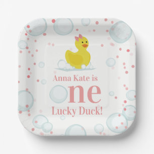 One Lucky Duck Pink First Birthday Party Paper Plate