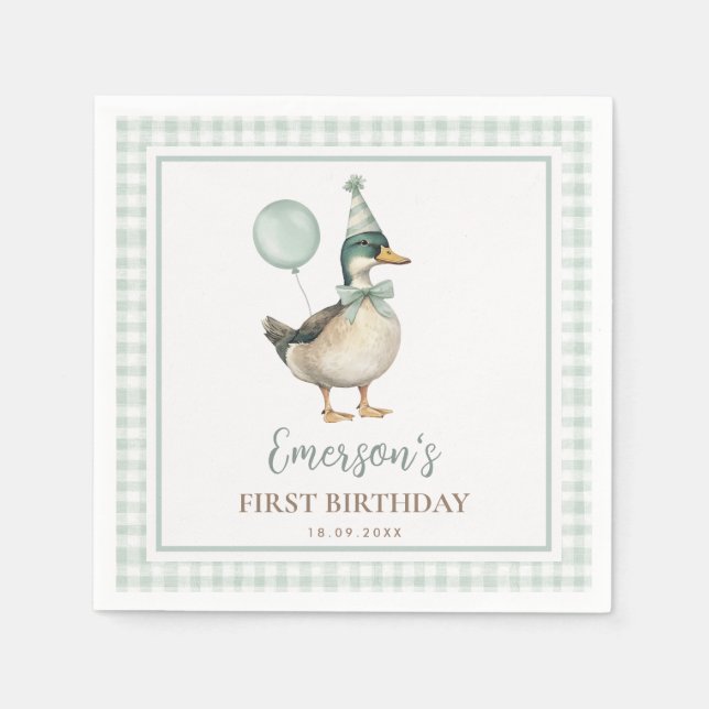 One Lucky Duck Sage Green Balloon Birthday Favours Napkin (Front)
