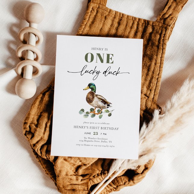 One Lucky Duck Watercolor Boy 1st Birthday Invitation (Creator Uploaded)