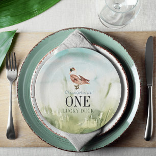 One Lucky Duck Watercolor Boy 1st Birthday Paper Plate