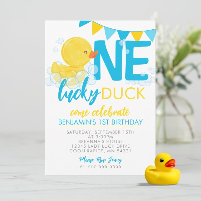 One Lucky Duck Watercolor Rubber Duck 1st Birthday Invitation (Watercolor One Lucky Duck Birthday Invitations. Available Printed or Digital Download)