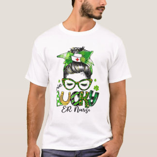 One Lucky ER Nurse Messy Bun Shamrocks St Patrick' T-Shirt