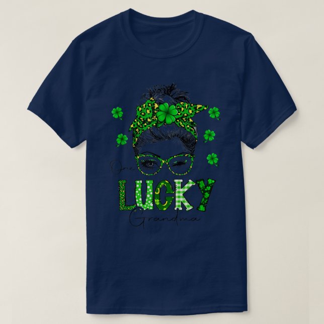 One Lucky Grandma Messy Bun Leopard St Patrick's D T-Shirt (Design Front)