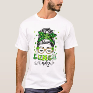 One Lucky Lunch Lady Shamrock Messy Bun Funny St P T-Shirt