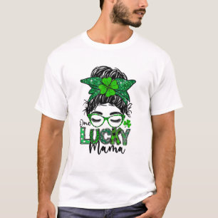 One Lucky Mama Messy Bun Leopard Bandana St. Patri T-Shirt