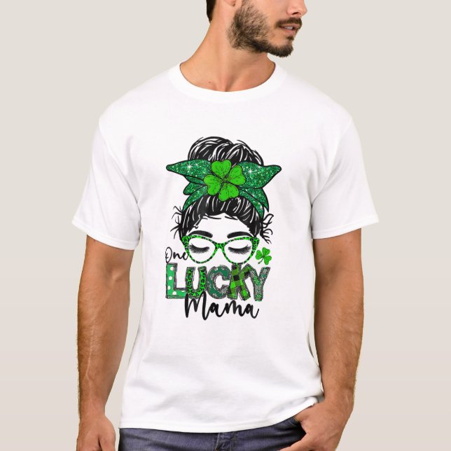 One Lucky Mama Messy Bun Leopard Bandana St. Patri T-Shirt (Front)