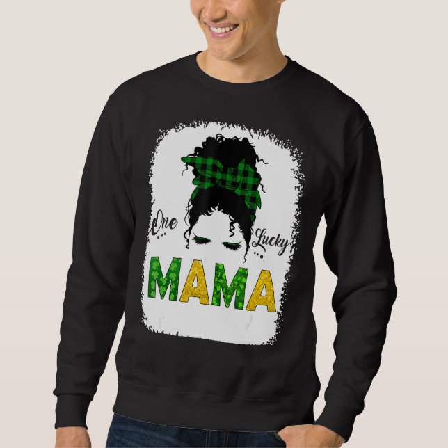 One Lucky Mama Messy Bun Leopard St Patrick S Day Sweatshirt (Front)