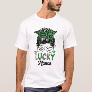 One Lucky Mama St Patricks Day Leopard Messy Bun H T-Shirt