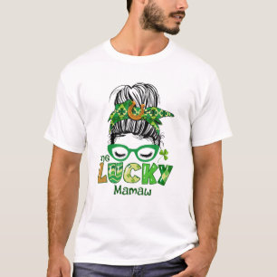 One Lucky Mamaw Messy Bun Leopard St Patrick's Day T-Shirt