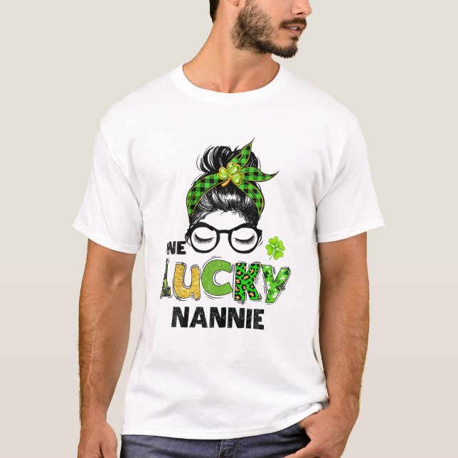 One Lucky Nannie Messy Bun Leopard St Patrick's Da T-Shirt (Front)
