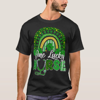 One Lucky Nurse Leopard Rainbow Stethoscope St Pat T-Shirt