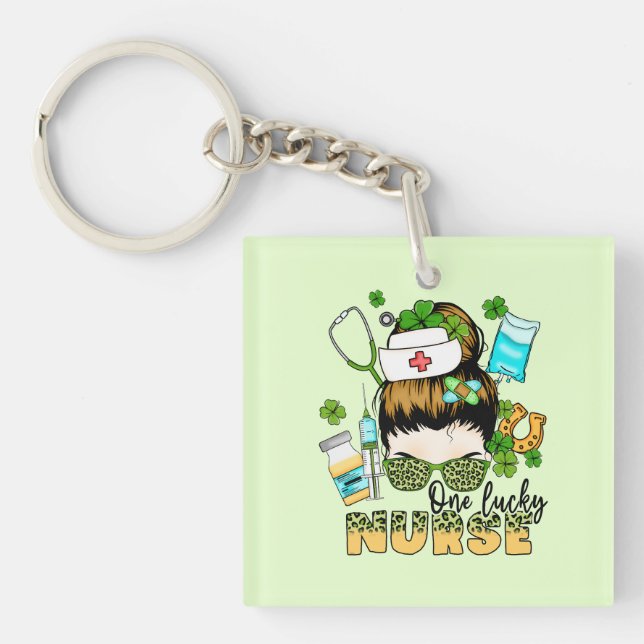 One Lucky Nurse - Messy Bun - St. Patrick’s Day Keychain (Front)