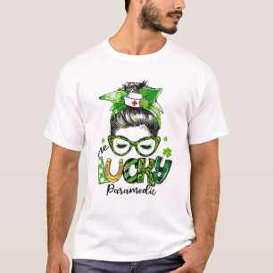 One Lucky Paramedic Messy Bun Shamrocks St Patrick T-Shirt