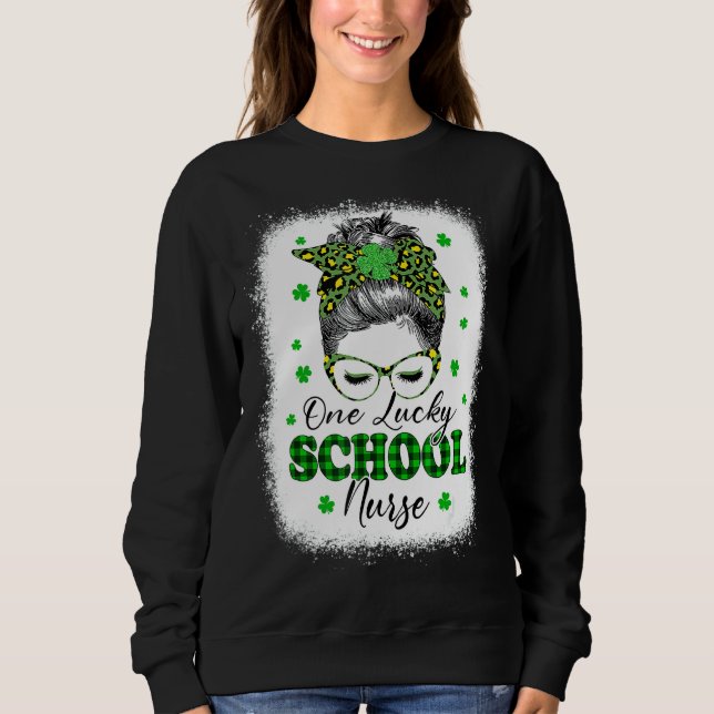 One Lucky School Nurse Leopard Shamrock St Patrick Sweatshirt (Front)