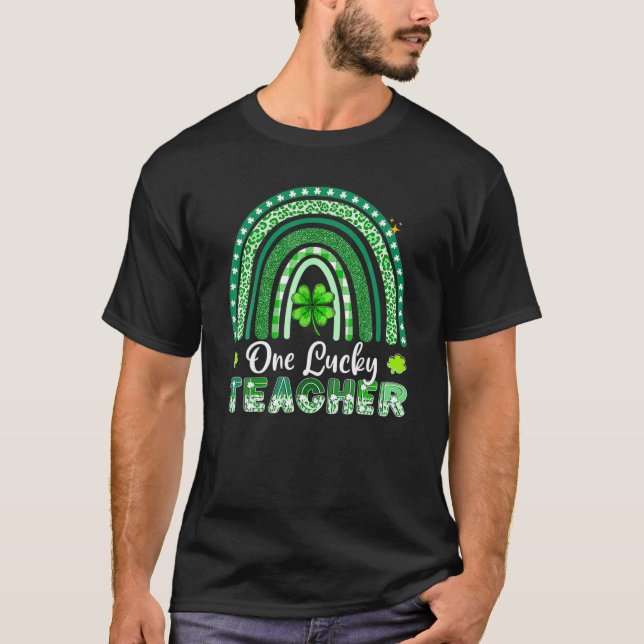 One Lucky Teacher Green Rainbow Leopard St Patrick T-Shirt (Front)