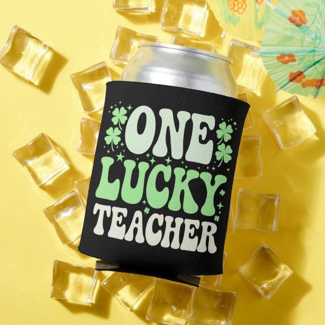 One Lucky Teacher Groovy Retro Teacher St Patricks Can Cooler (In Situ Summer)