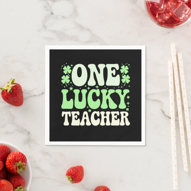 One Lucky Teacher Groovy Retro Teacher St Patricks Napkin (Insitu)