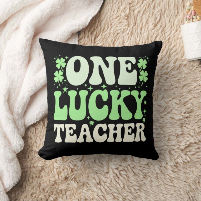 One Lucky Teacher Groovy Retro Teacher St Patricks Throw Pillow (Blanket)