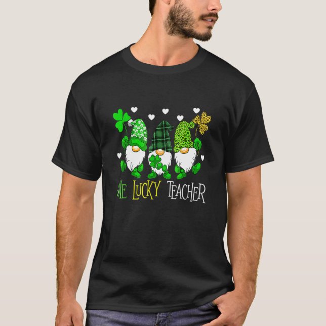 One Lucky Teacher Irish Gnome Leopard Patricks Day T-Shirt (Front)